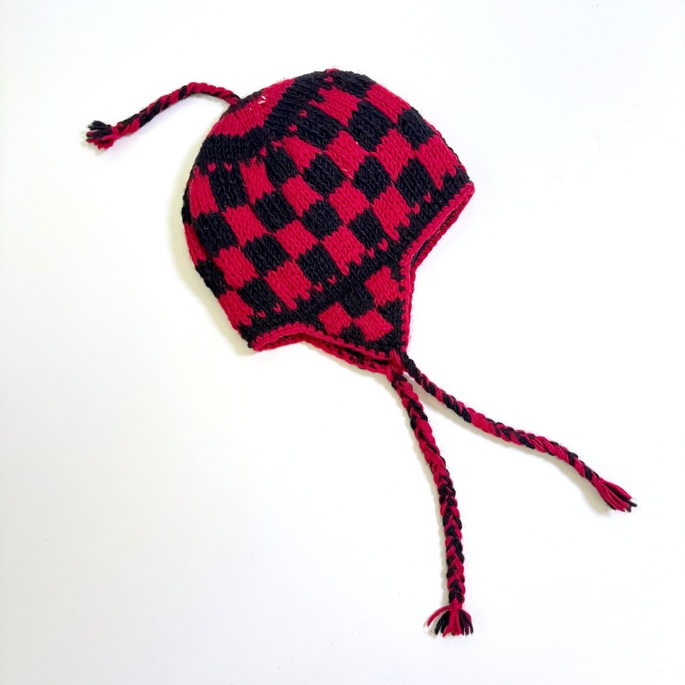 Nepal 100% Wool Trapper Hat Red Black Checkered Fleece Lined Nepal Winter Beanie